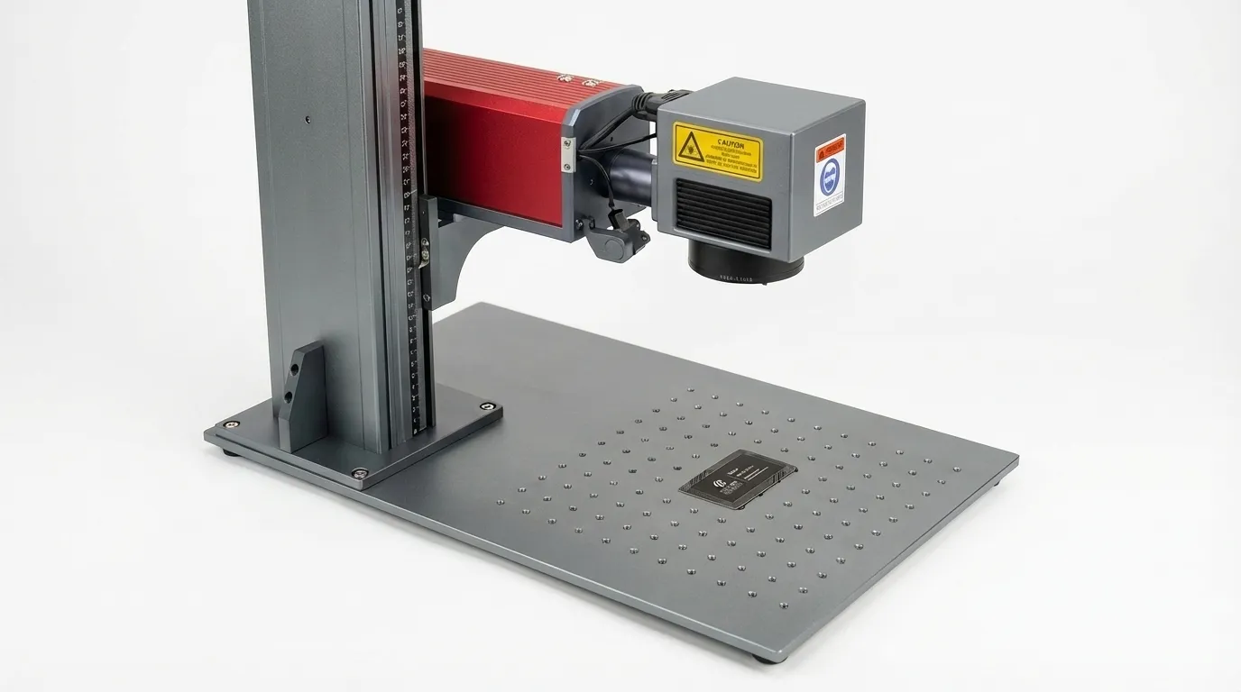 Precision 60W Fiber MOPA laser marking system with a 300x300mm field at TechArt Concept, specialized in industrial metal engraving and high-contrast color marking on titanium and stainless steel.